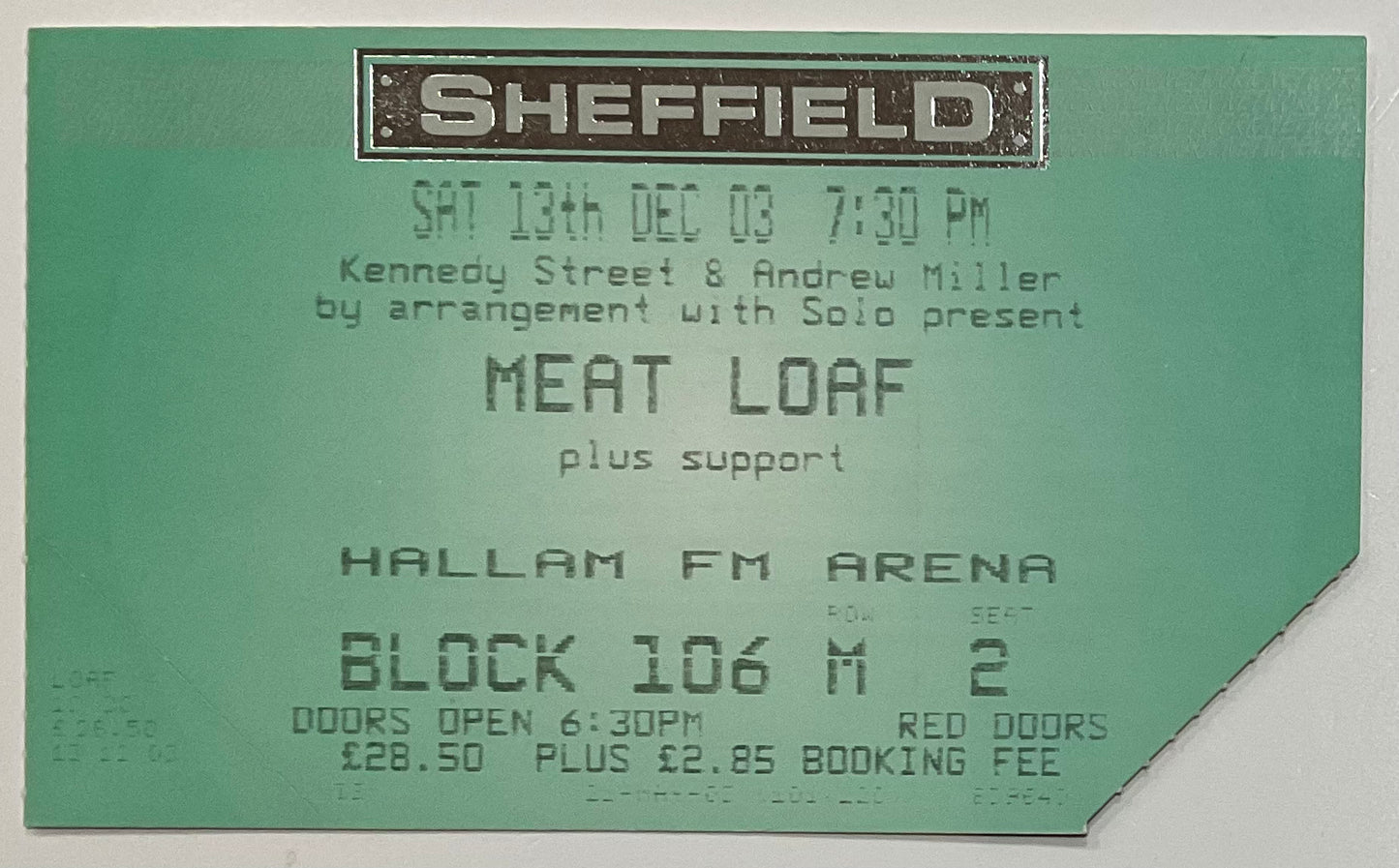 Meat Loaf Original Used Concert Ticket Hallam FM Arena Sheffield 13th Dec 2003