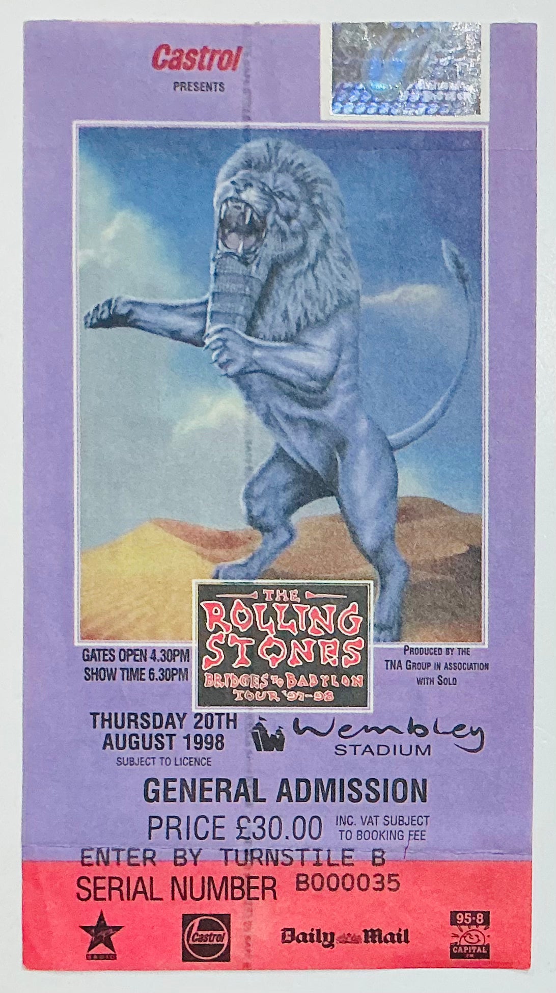 Rolling Stones Original Used Concert Ticket Wembley Stadium London 11th Jun 1999