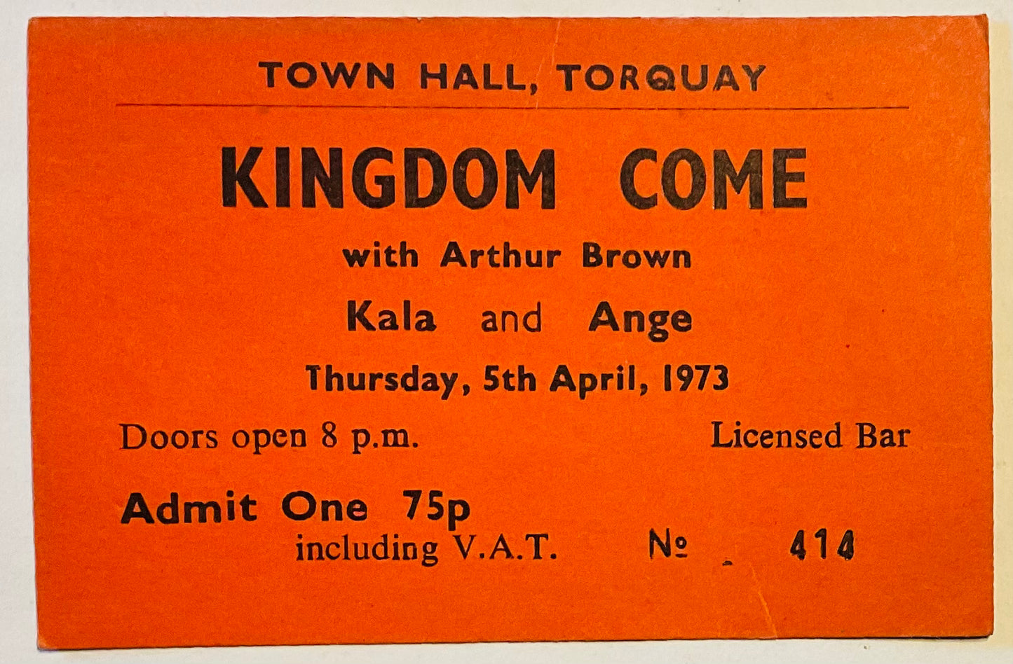 Kingdom Come with Arthur Brown Original Unused Concert Ticket Town Hall Torquay 5th Apr 1973