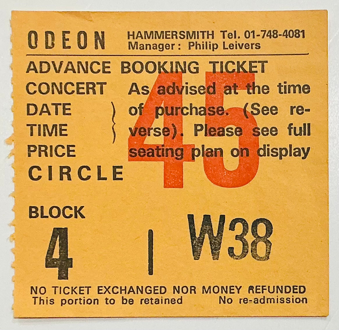 Pink Floyd David Gilmour Original Used Concert Ticket Hammersmith Odeon London 30th Apr 1984