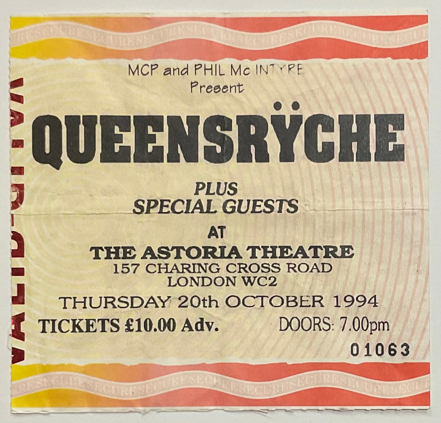 Queensryche Original used Concert Ticket Astoria London 20th Oct 1994