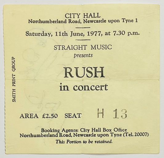 Rush Stray Original Used Signed Concert Ticket City Hall Newcastle 11th Jun 1977