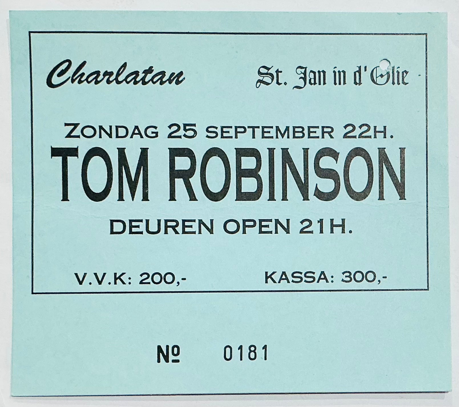Tom Robinson Original Used Concert Ticket St. Jan in d’Olie Ghent 25th Sep 1994