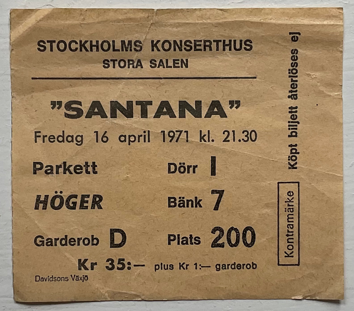 Santana Original Concert Ticket Konserthus Stockholm 16th Apr 1971