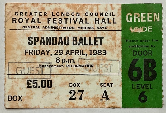 Spandau Ballet Original Used Concert Ticket Royal Festival Hall London 29th Apr 1983