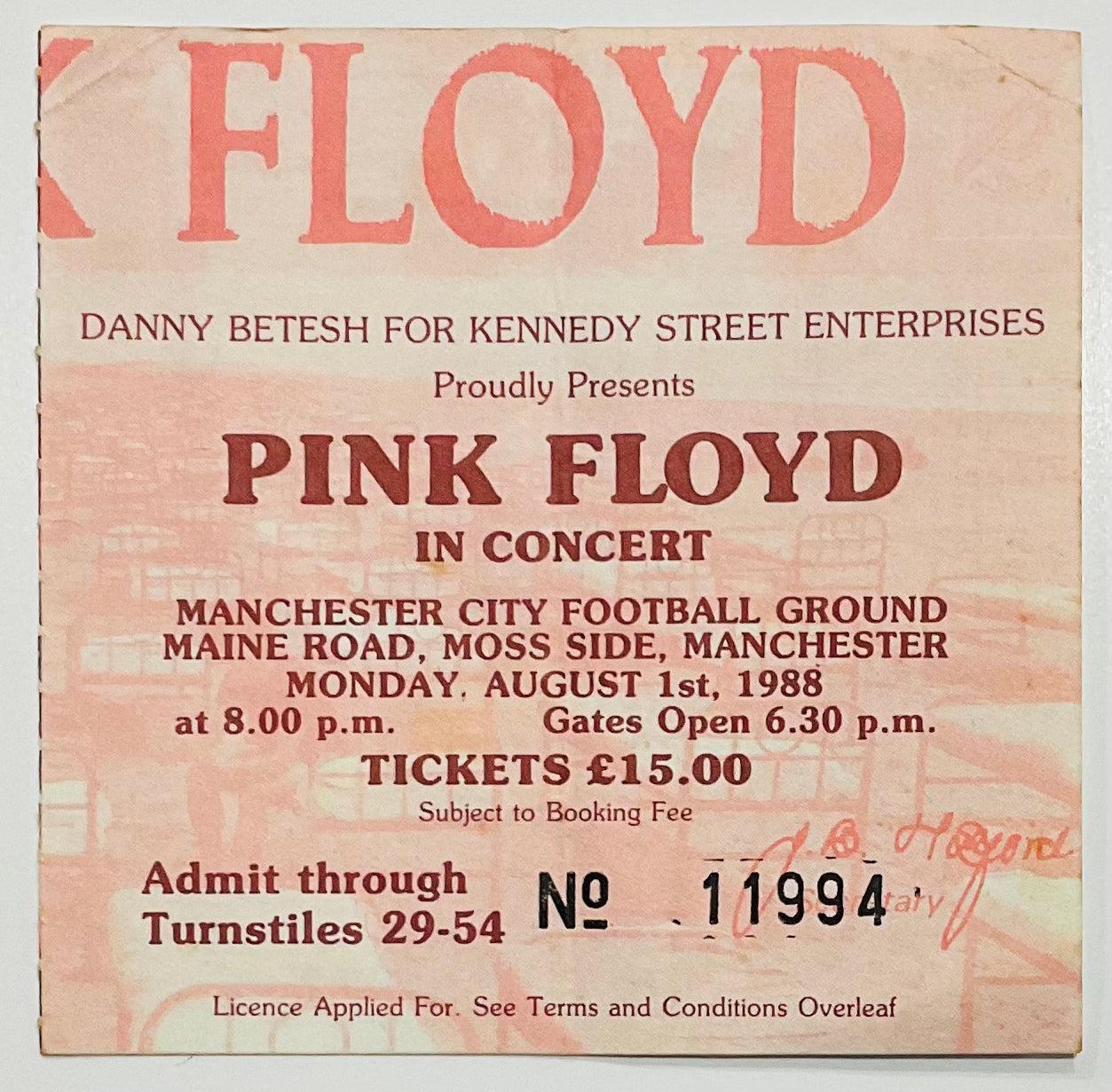 Pink Floyd Used Concert Ticket Manchester City Football Ground 8th Aug 1988