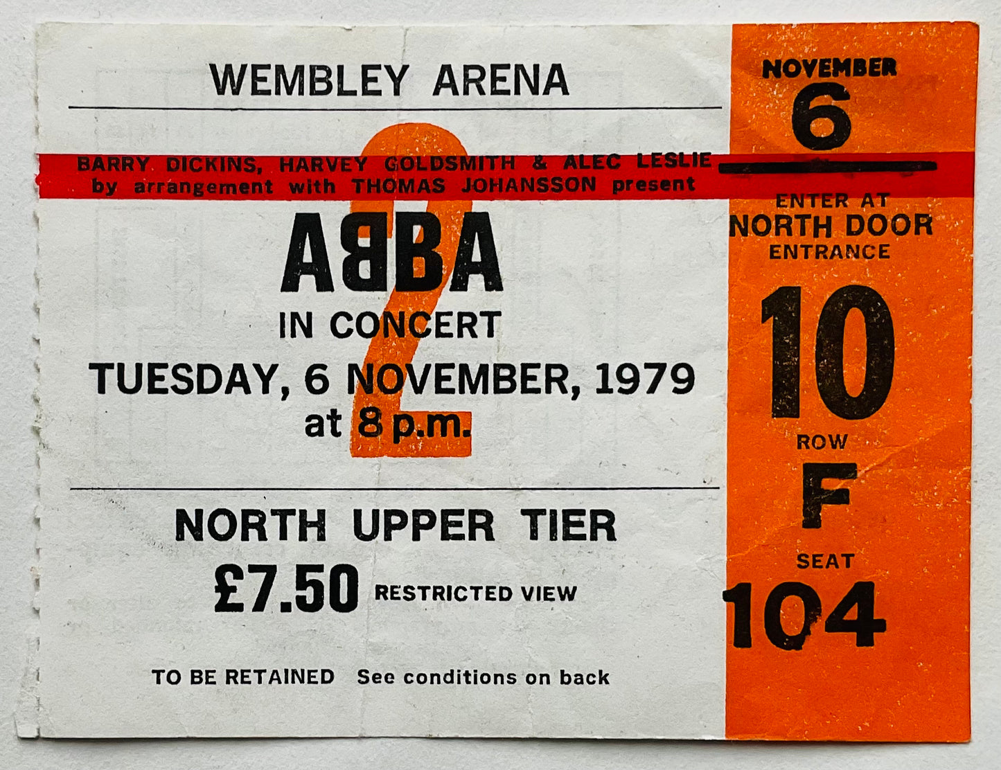 ABBA Original Used Concert Ticket Wembley Arena London 6th Nov 1979