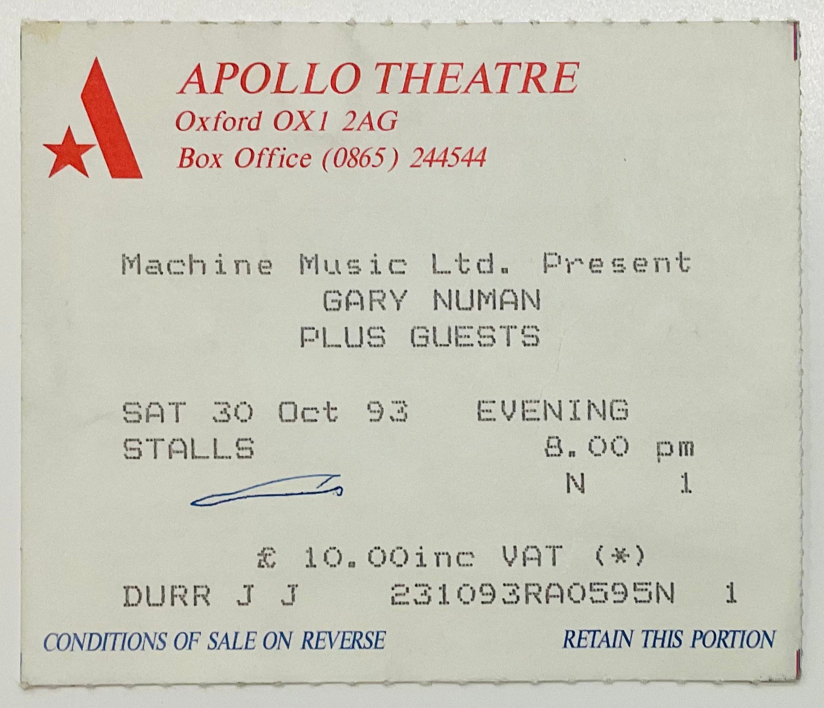 Gary Numan Original Used Concert Ticket Apollo Theatre Oxford 30th Oct 1993