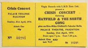 Hatfield & The North Gong Mike Oldfield Original Unused Concert  Ticket Palace Theatre Paignton 21st Apr 1974