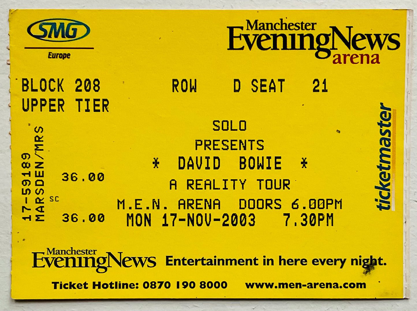 David Bowie Original Used Concert Ticket MEN Arena Manchester 17th Nov 2003