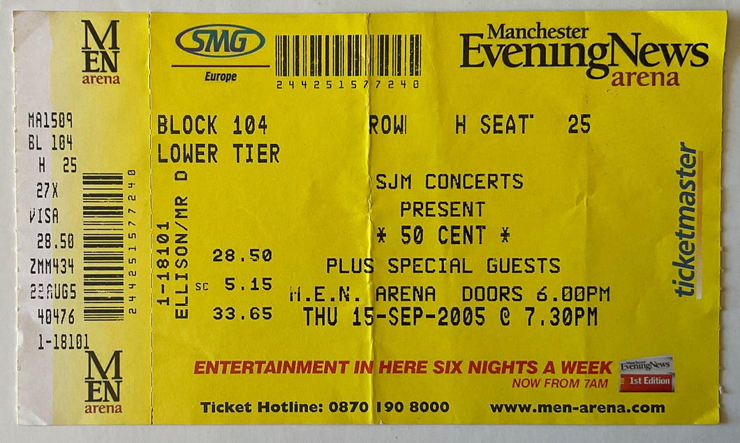 50 Cent Original Unused Concert Ticket MEN Arena Manchester 15th Sep 2005