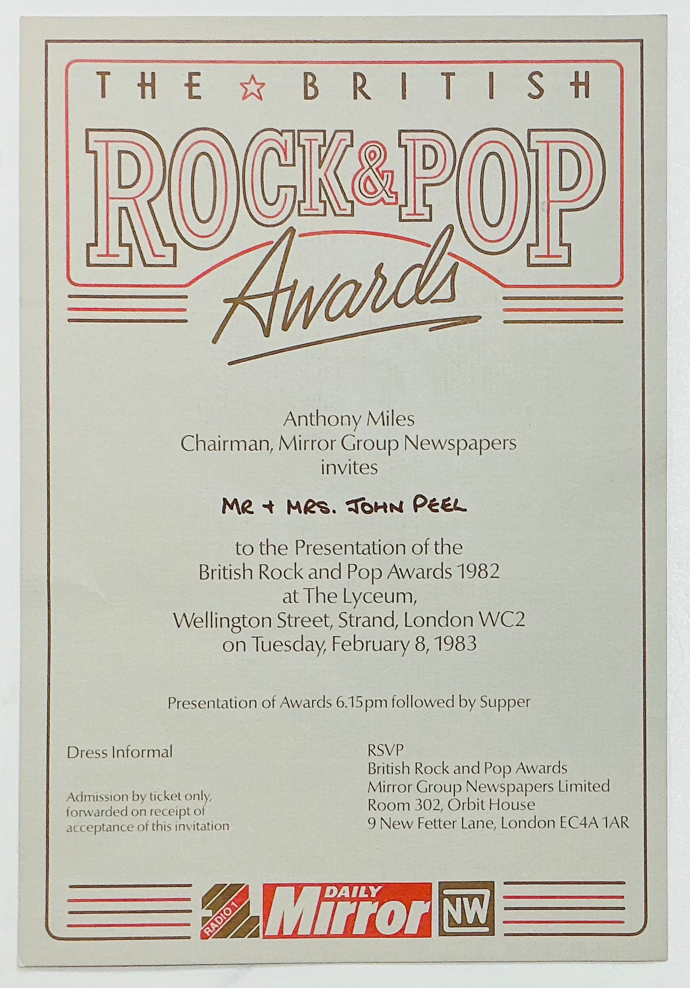 Slade Kim Wilde John Peel Original Invitation Ticket British Rock Pop Awards Lyceum London 8th Feb 1983
