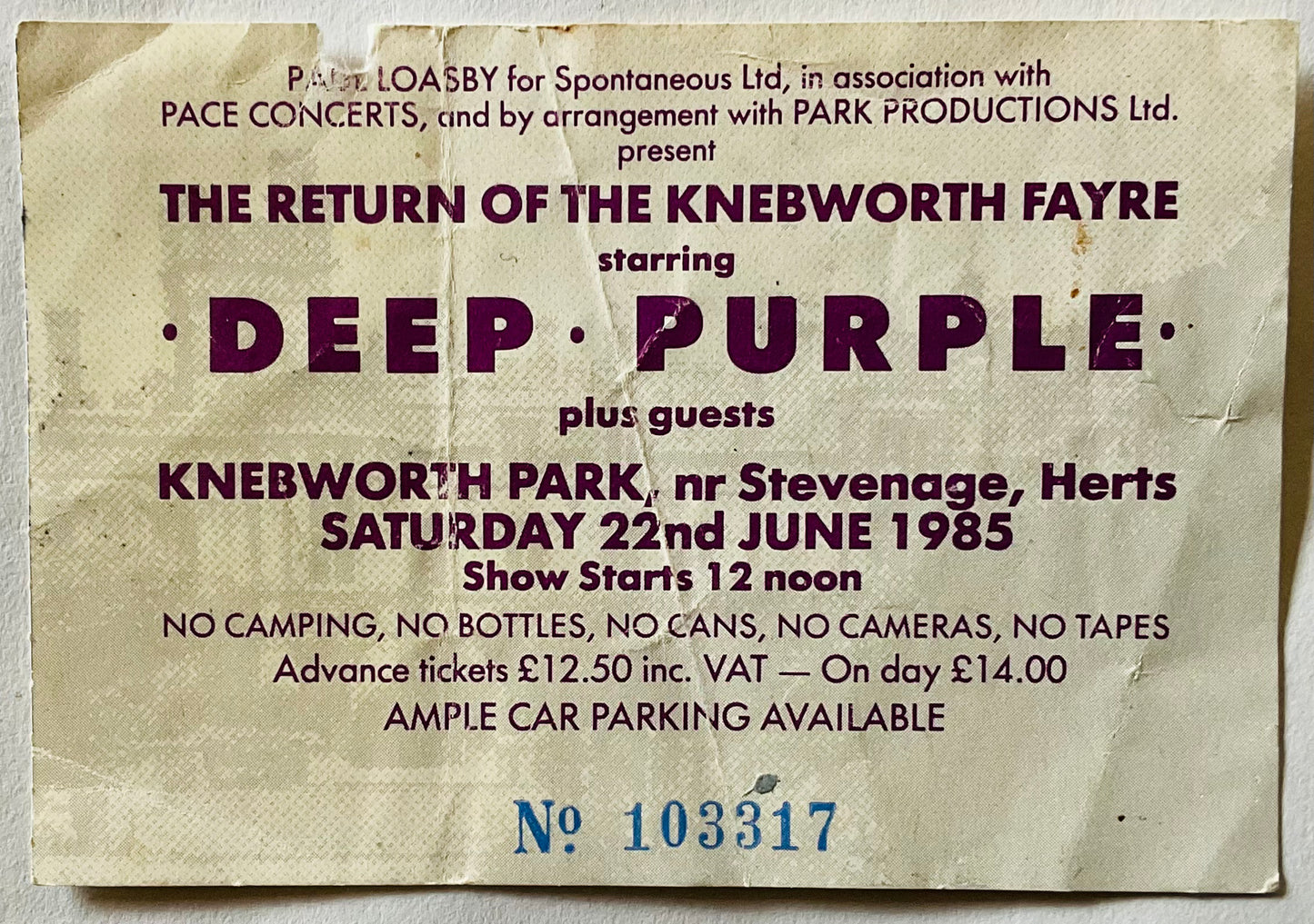 Deep Purple Original Used Concert Ticket Knebworth Park 22nd Jun 1985