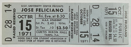 Jose Feliciano Original Unused Concert Ticket Curtis Hixon Hall Tampa 15th Oct 1971