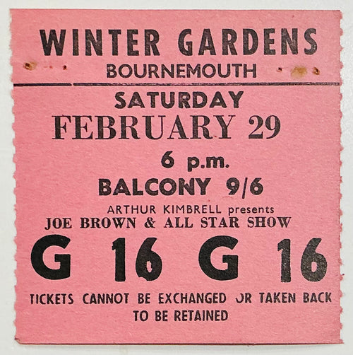 Joe Brown Manfred Mann Original Used Concert Ticket Winter Gardens Bournemouth 29th Feb 1964