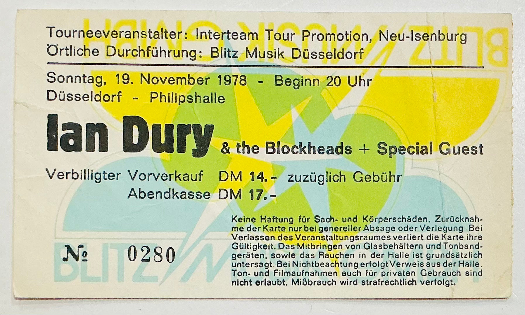 Ian Dury & the Blockheads Original Used Concert Ticket Philipshalle Dusseldorf 19th Nov 1978