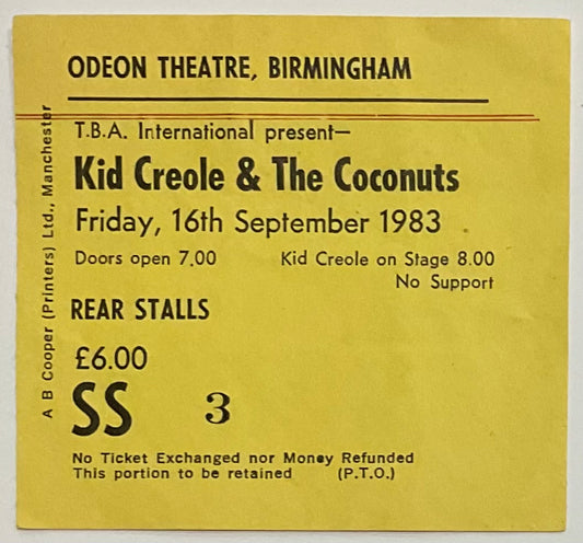 Kid Creole & the Coconuts Original Used Concert Ticket Odeon Theatre Birmingham 16th Sep 1983