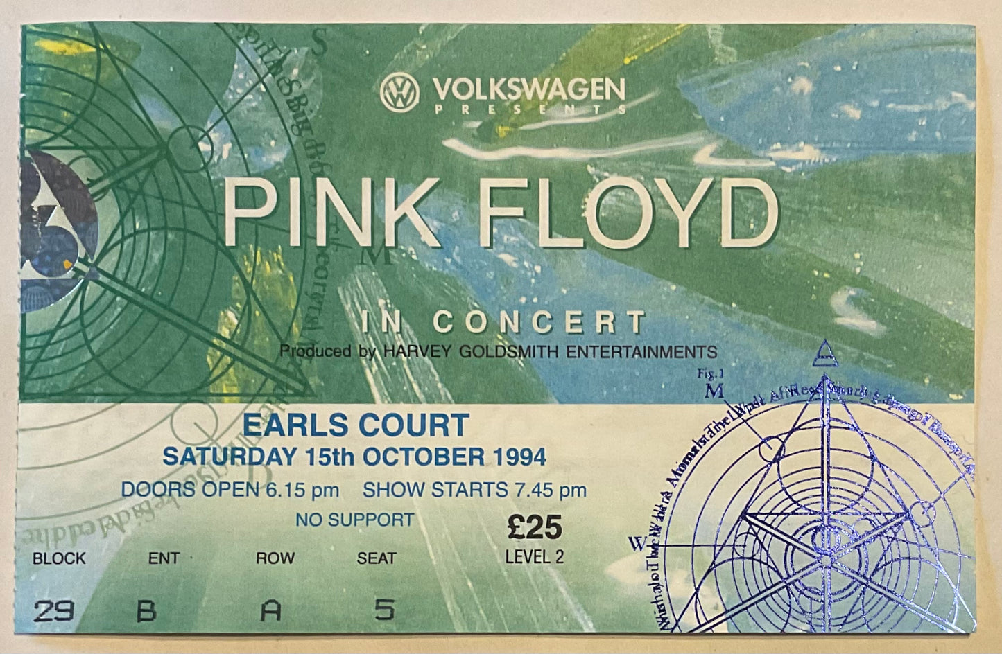 Pink Floyd Original Used Concert Ticket Earls Court London 15th Oct 1994