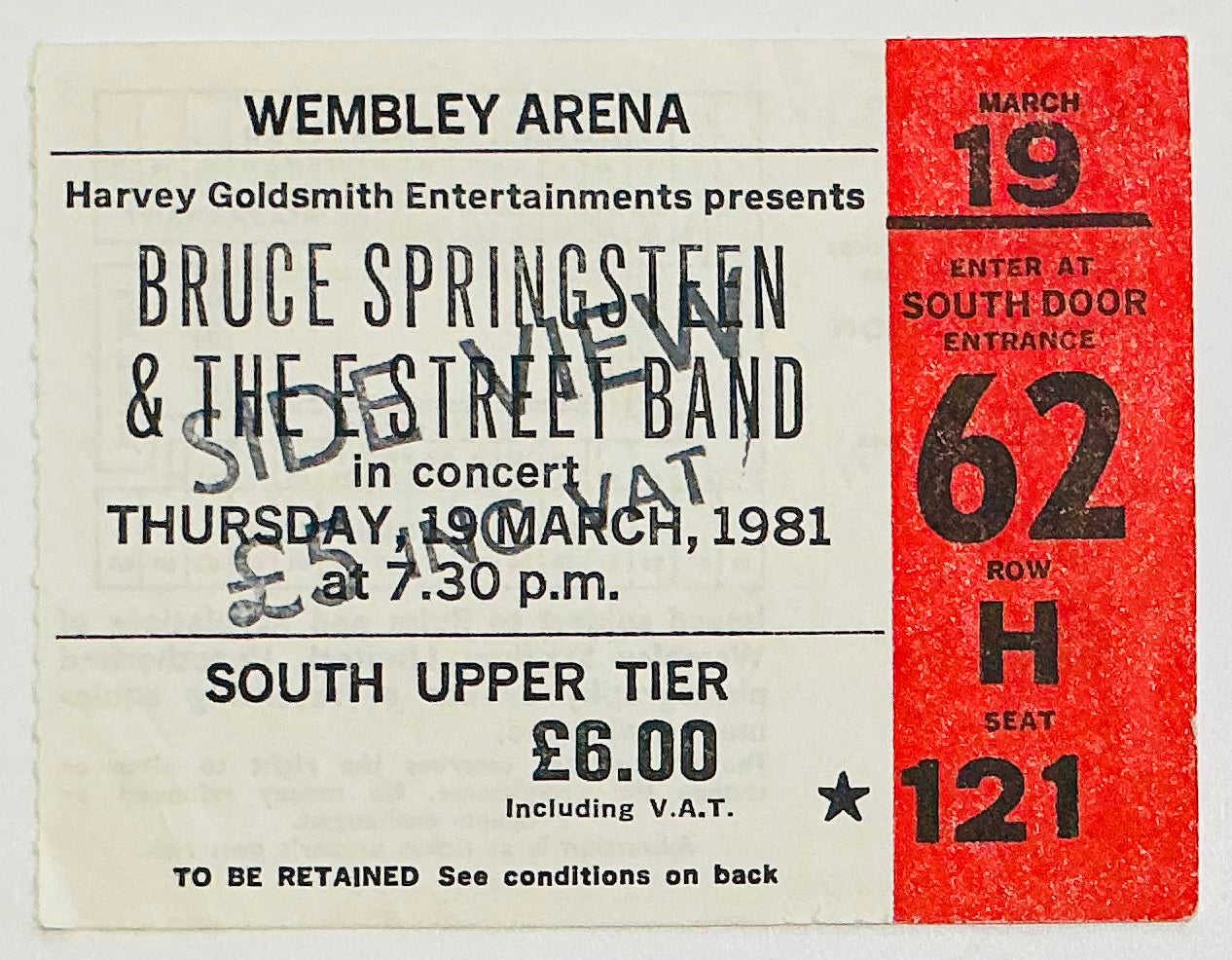 Bruce Springsteen Original Used Concert Ticket Wembley Arena London 19th Mar 1981