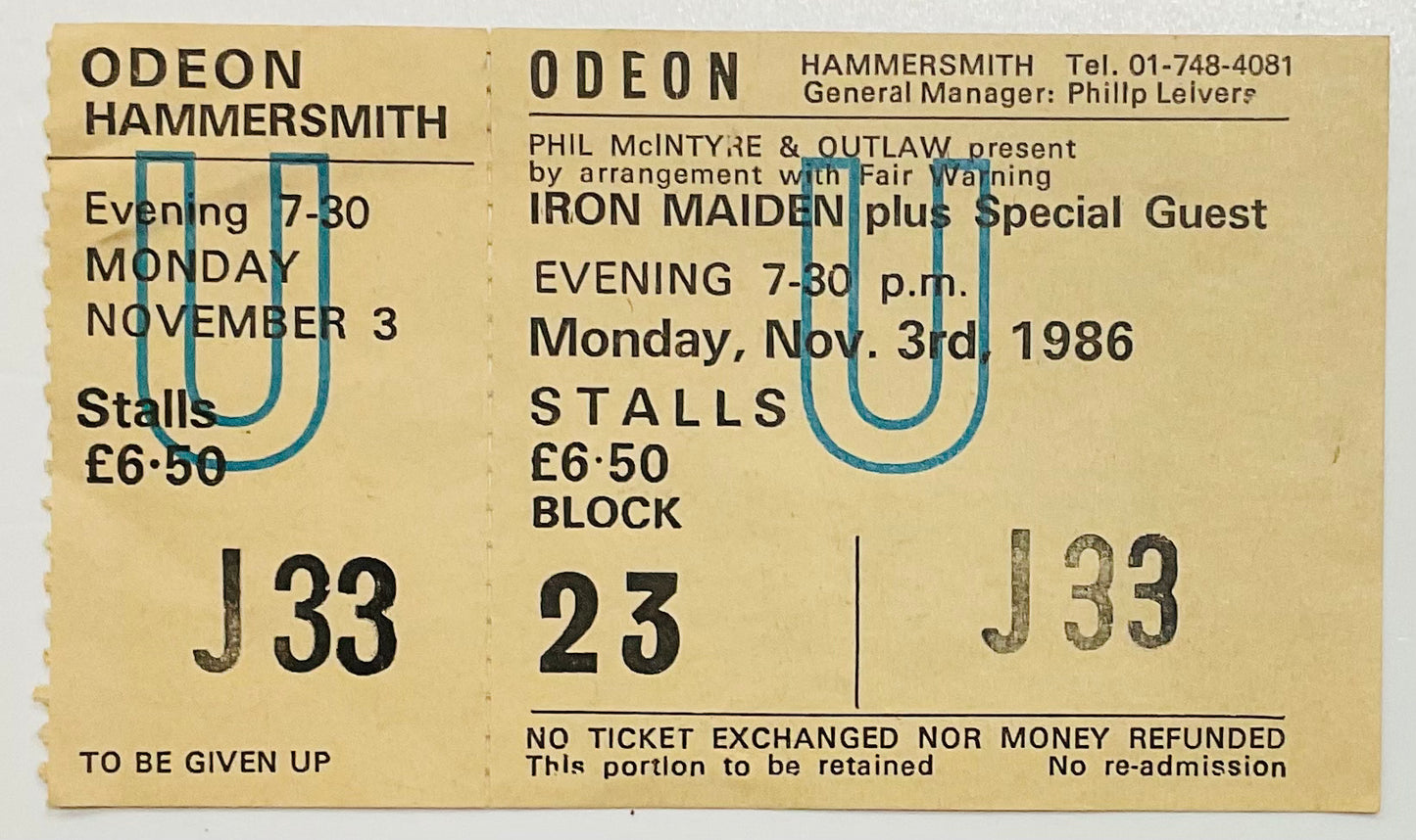 Iron Maiden Original Unused Concert Ticket Hammersmith Odeon London 3rd Nov 1986