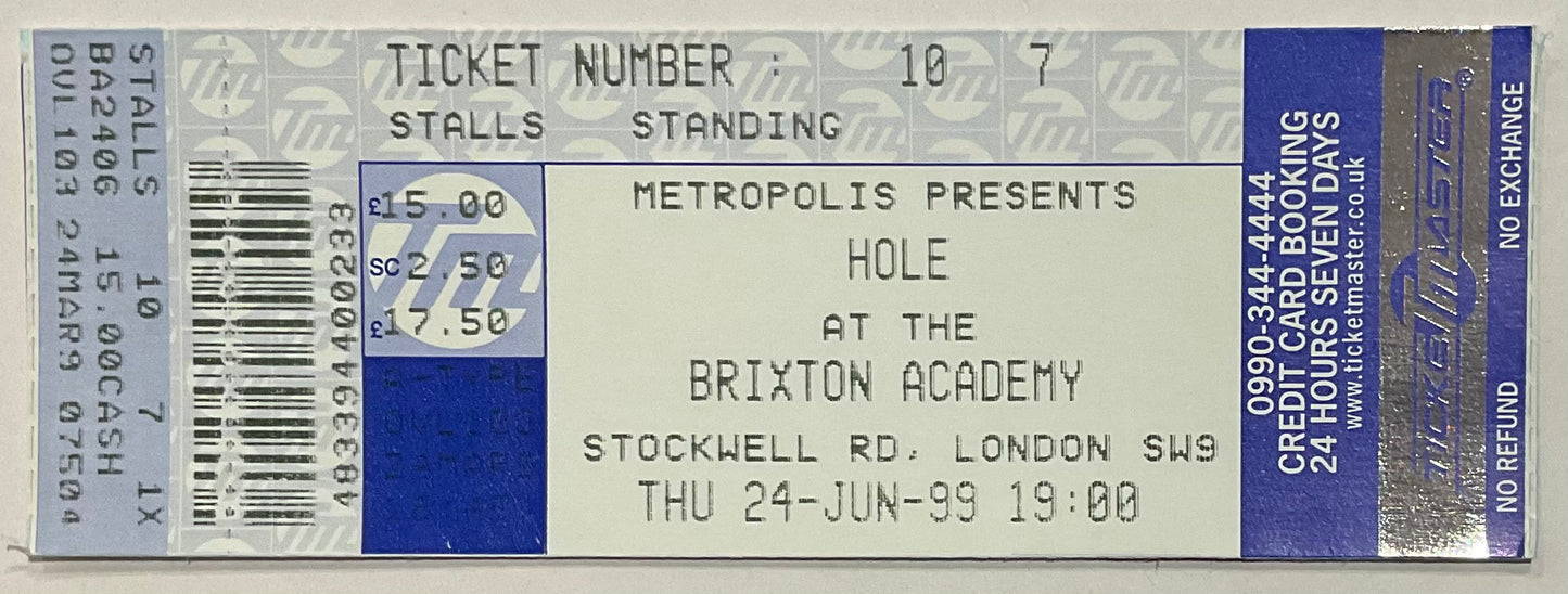 Hole Courtney Love Original Unused Concert Ticket Brixton Academy London 24th Jun 1999