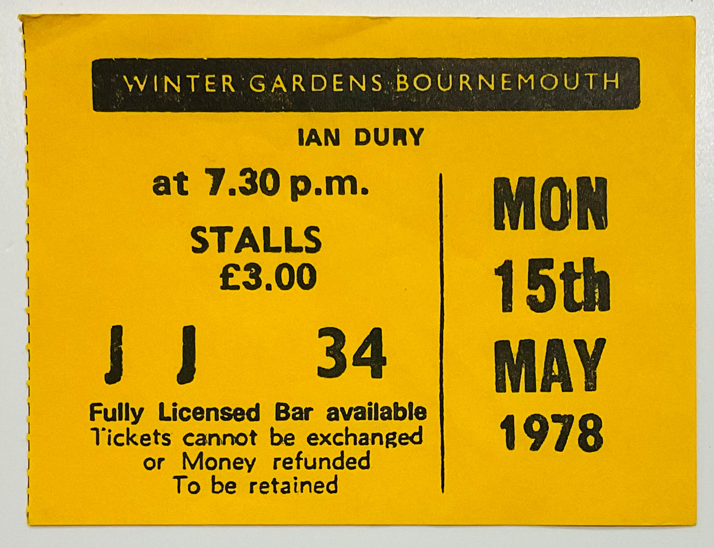 Ian Dury & the Blockheads Original Concert Ticket Winter Gardens Bournemouth 15th May 1978