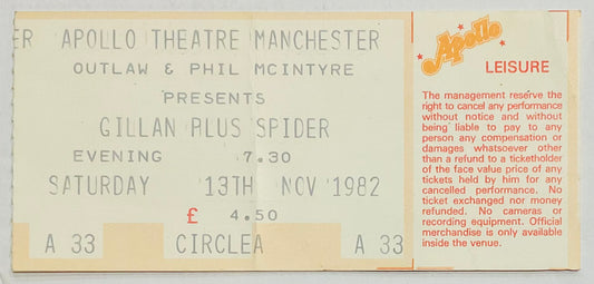 Deep Purple Ian Gillan Original Used Ticket Apollo Theatre Manchester 13th Nov 1982