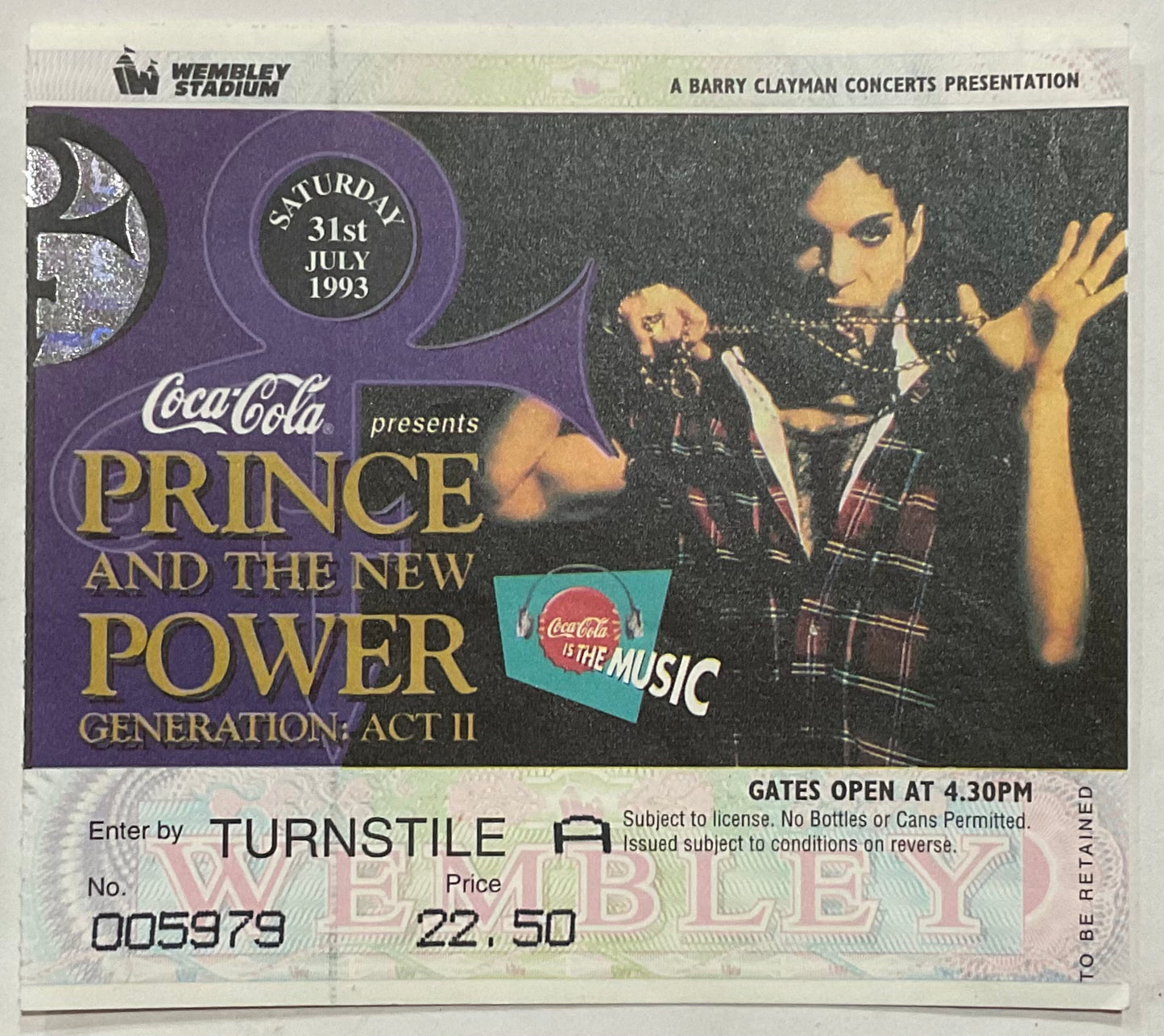 Prince Original Used Concert Ticket Wembley London 31st July 1993