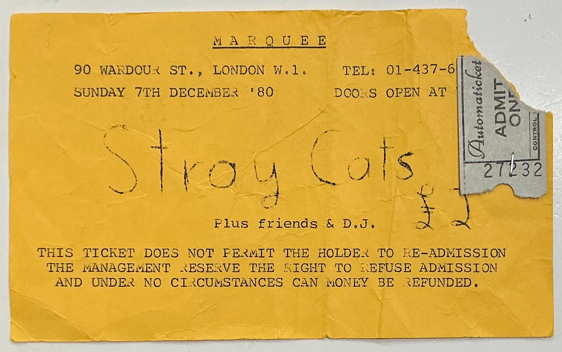Stray Cats Original Used Concert Ticket Marquee Club London 7th Dec 1980