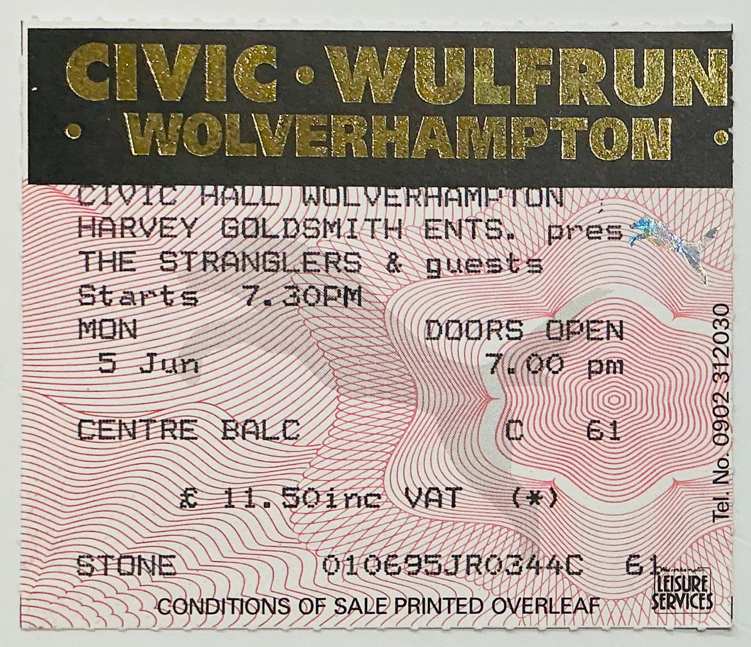Stranglers Original Used Concert Ticket Civic Hall Wolverhampton 5th Jun 1995
