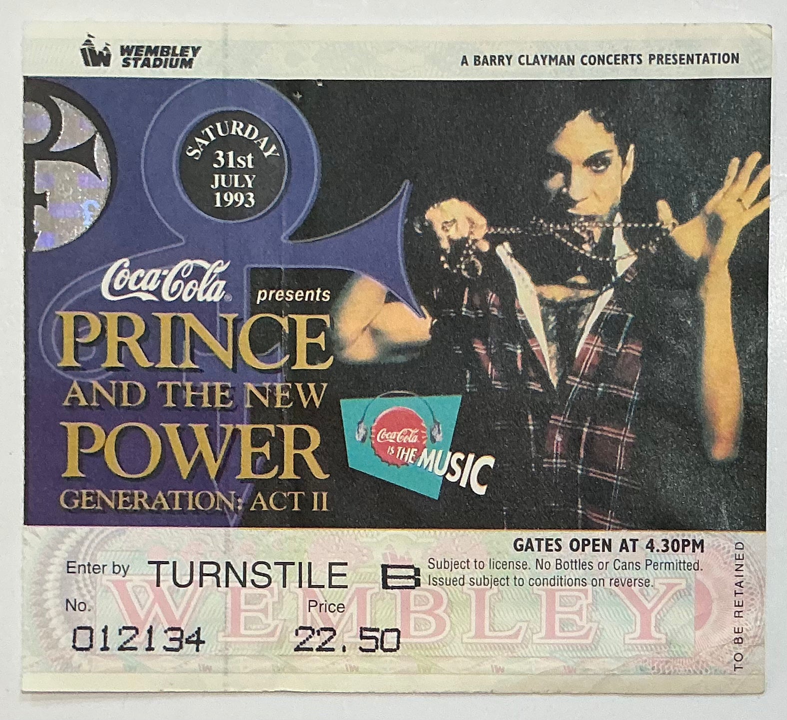 Prince Original Used Concert Ticket Wembley London 31st July 1993