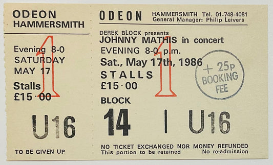 Johnny Mathis Original Unused Concert Ticket Hammersmith Odeon London 17th May 1986