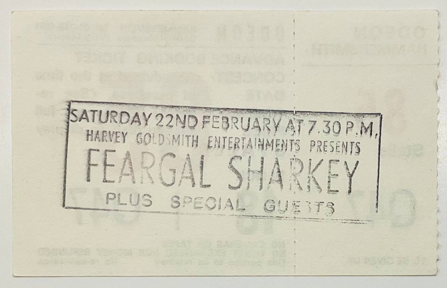 Feargal Sharkey Original Unused Concert Ticket Hammersmith Odeon London 22nd Feb 1986