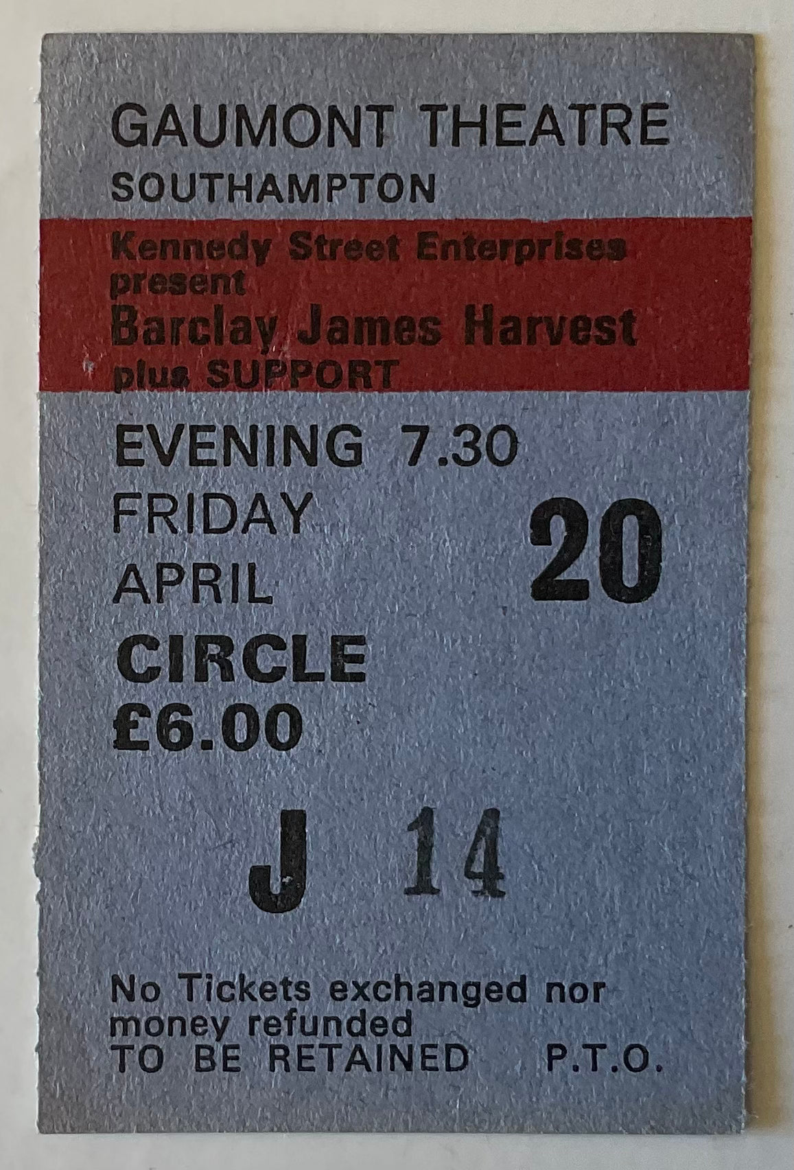 Barclay James Harvest Original Used Concert Ticket Gaumont Theatre Southampton 20th Apr 1984