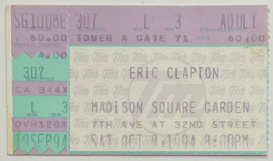 Eric Clapton Original Used Concert Ticket Madison Square Garden New York 8th Oct 1994