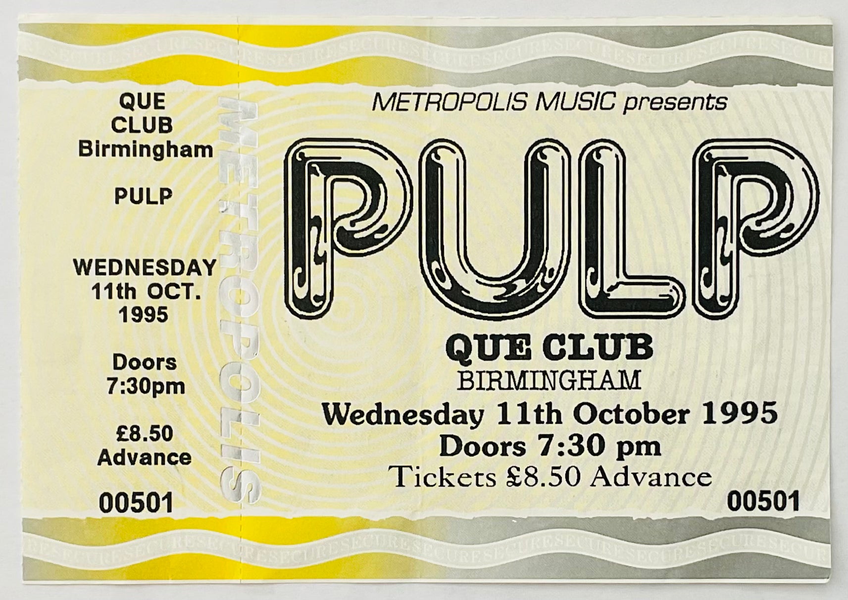 Pulp Original Unused Concert Ticket Que Club Birmingham 11th Oct 1995