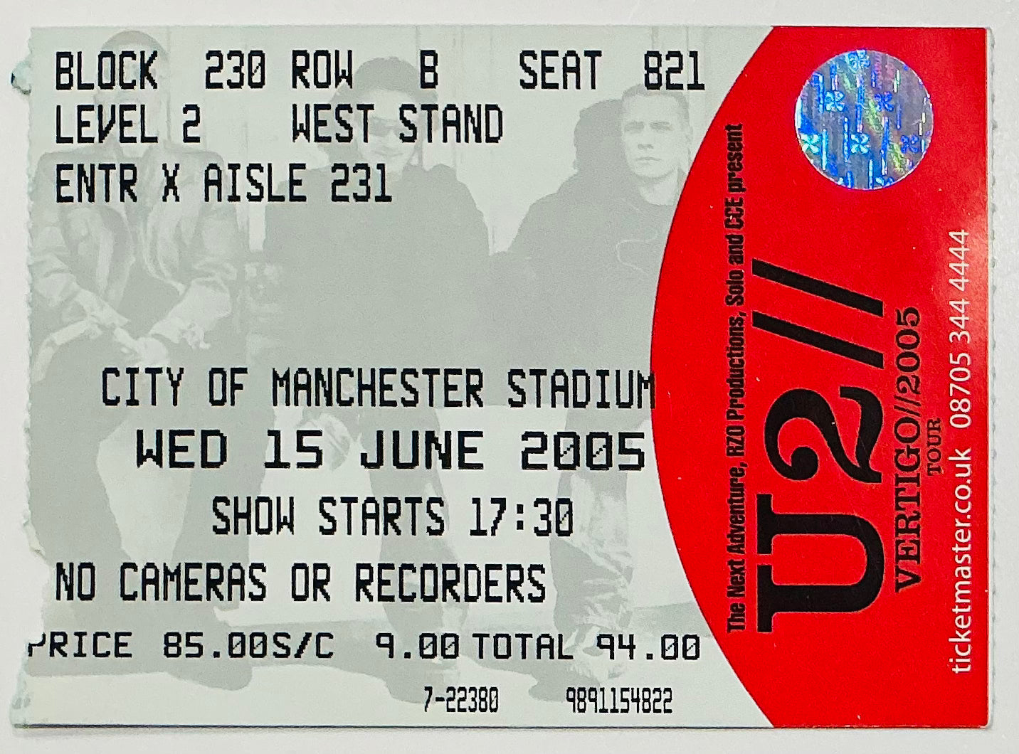 U2 Original Used Concert Ticket City of Manchester Stadium 15th Jun 2005