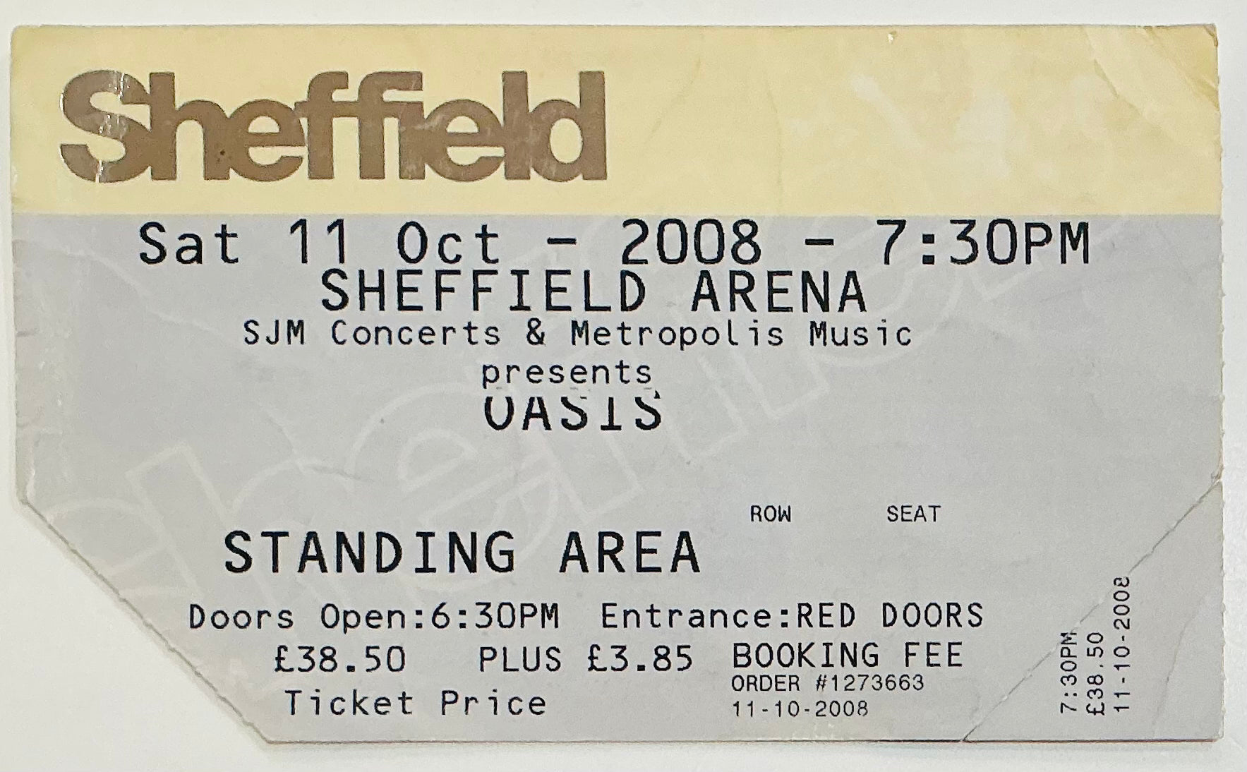 Oasis Original Used Concert Ticket Sheffield Arena 11th Oct 2008
