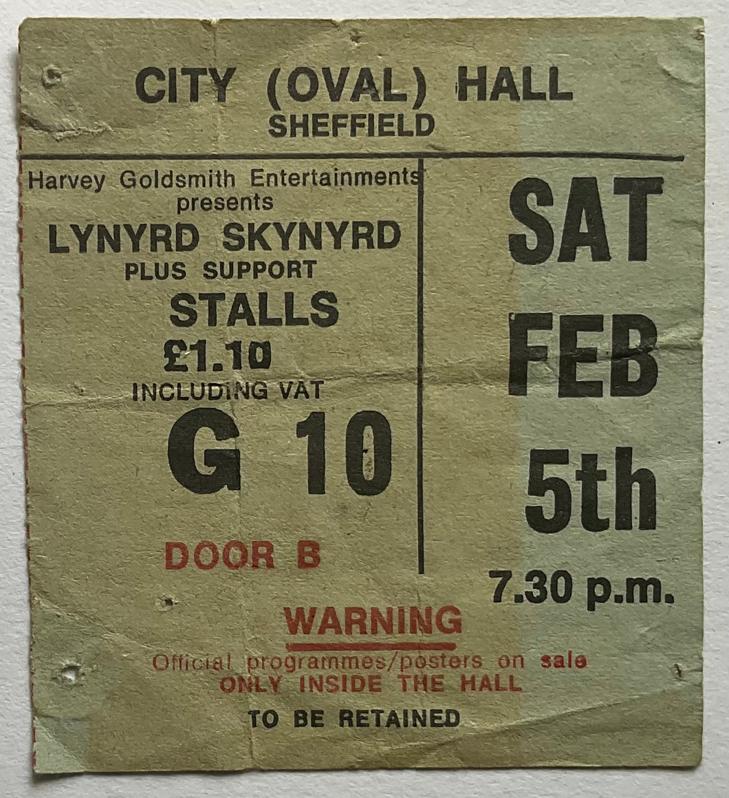 Lynyrd Skynyrd Original Signed Used Concert Ticket City Hall Sheffield 5th Feb 1977