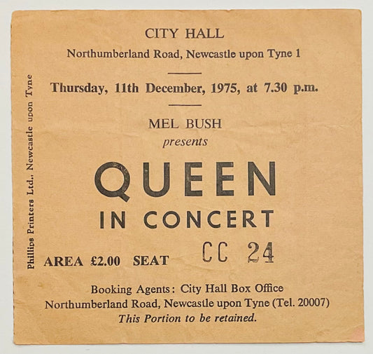 Queen Original Used Concert Ticket City Hall Newcastle 11th Dec 1975