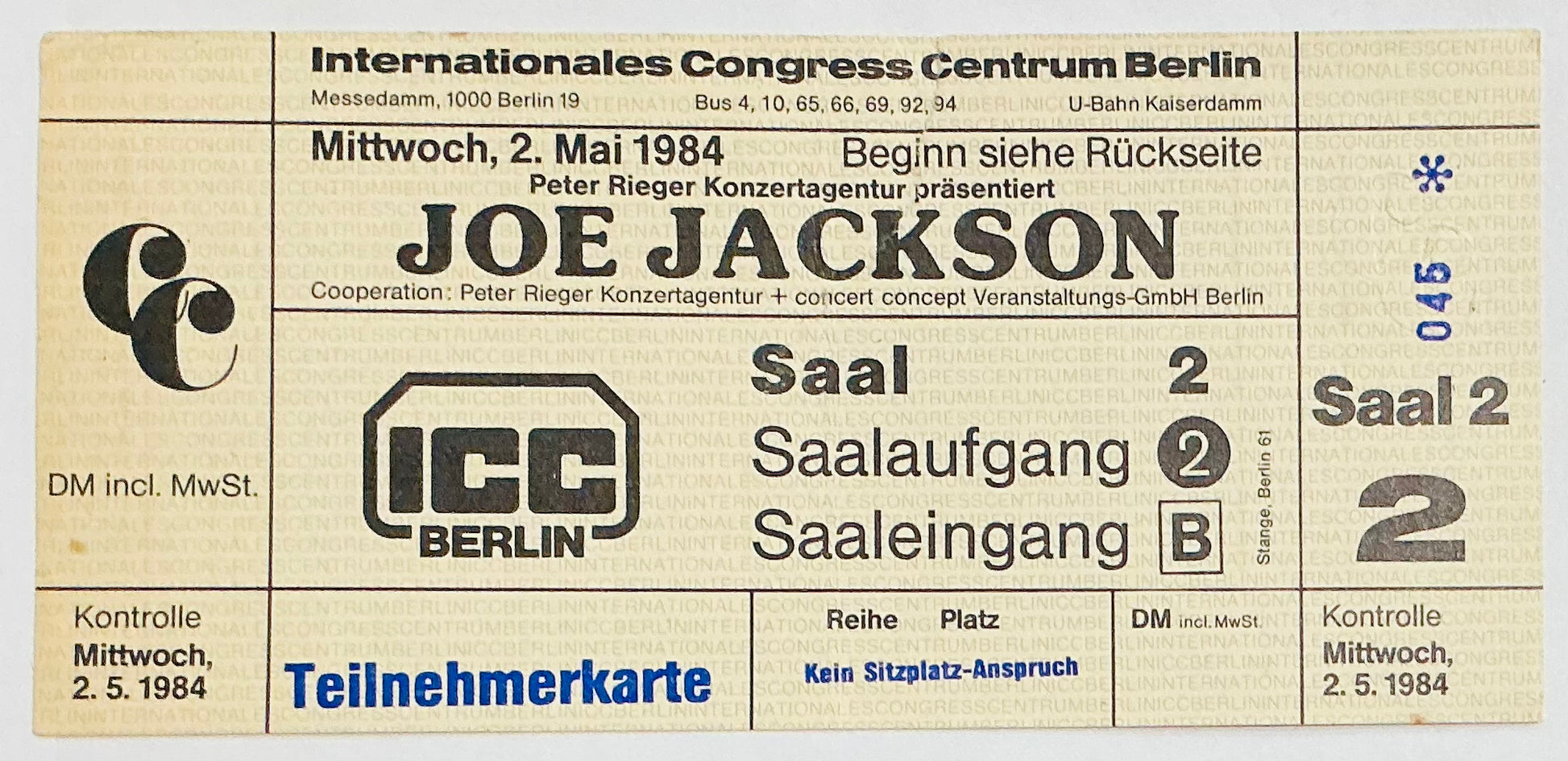 Joe Jackson Original Used Concert Ticket ICC Berlin 2nd May 1984
