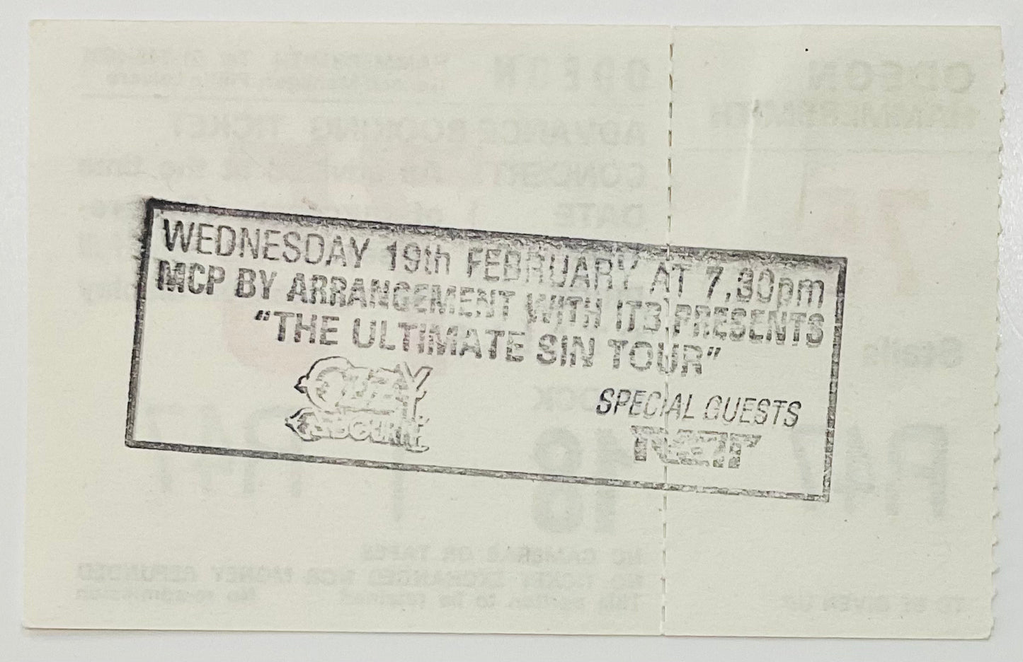 Ozzy Osbourne Original Unused Concert Ticket Hammersmith Odeon London 19th Feb 1986