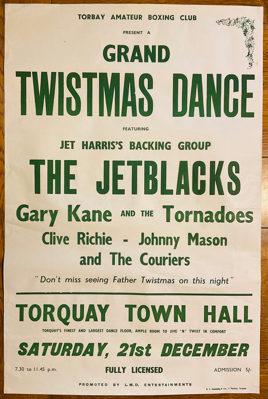 Jetblacks Jet Harris Gary Kane Original Promo Concert Tour Gig Poster Town Hall Torquay 21st Dec 1963