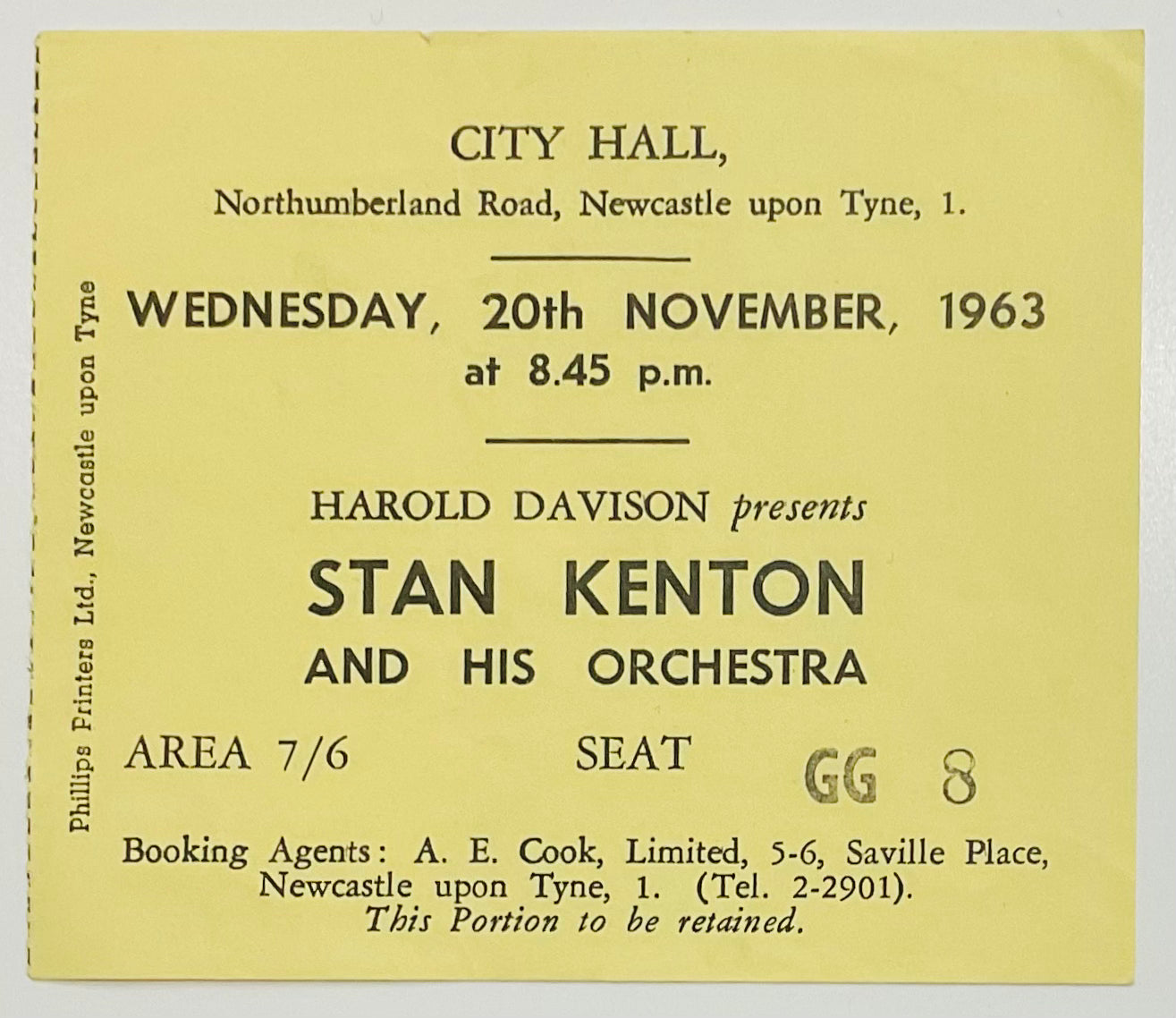 Stan Kenton Original Used Concert Ticket and Programme City Hall Newcastle 20th Nov 1963