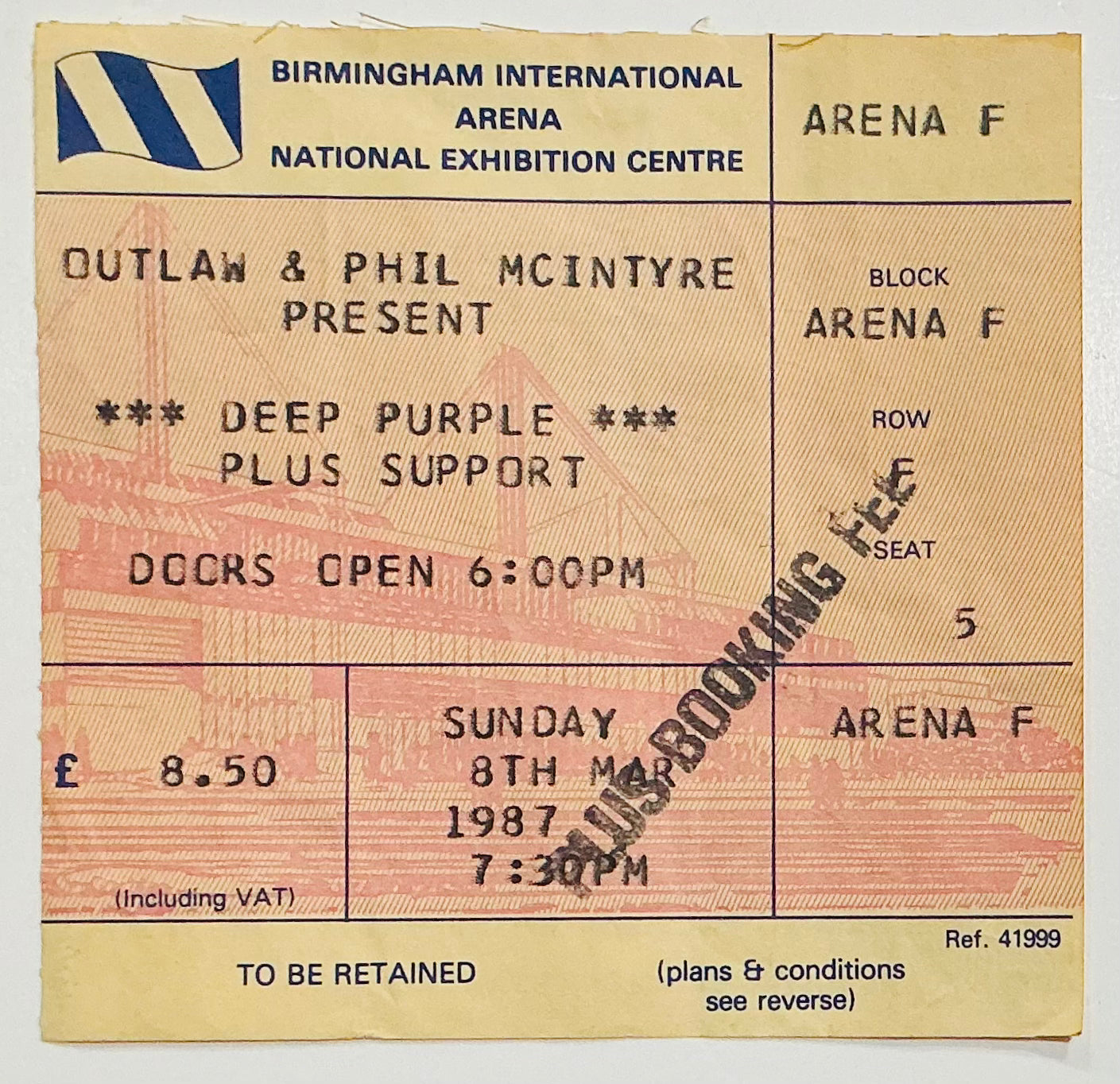 Deep Purple Original Used Concert Ticket NEC Birmingham 8th Mar 1987