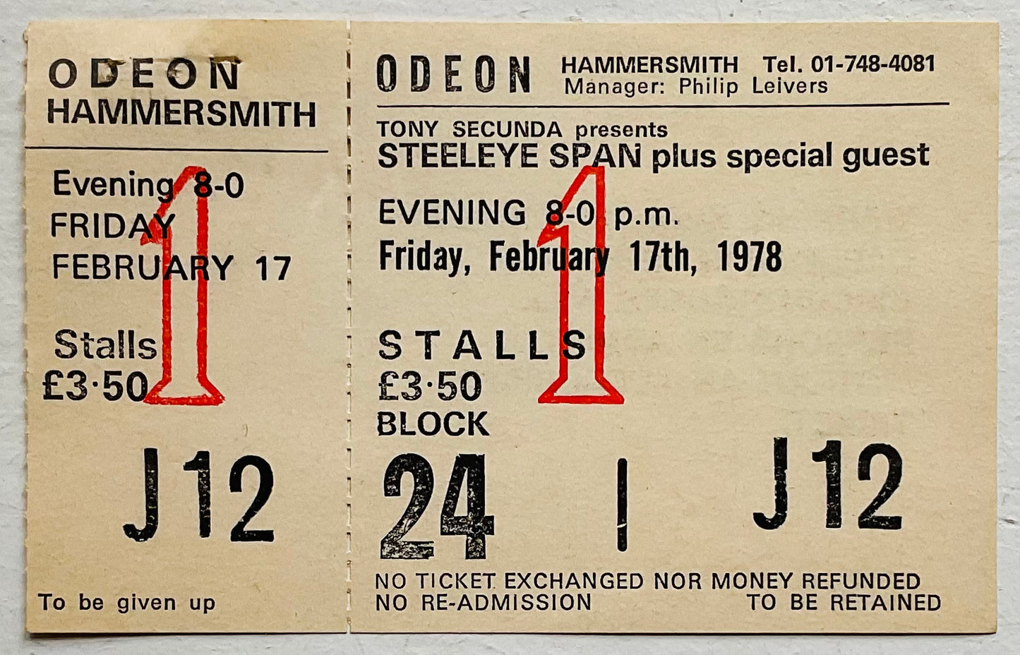 Steeleye Span Original Unused Concert Ticket Hammersmith Odeon London 17th Feb 1978