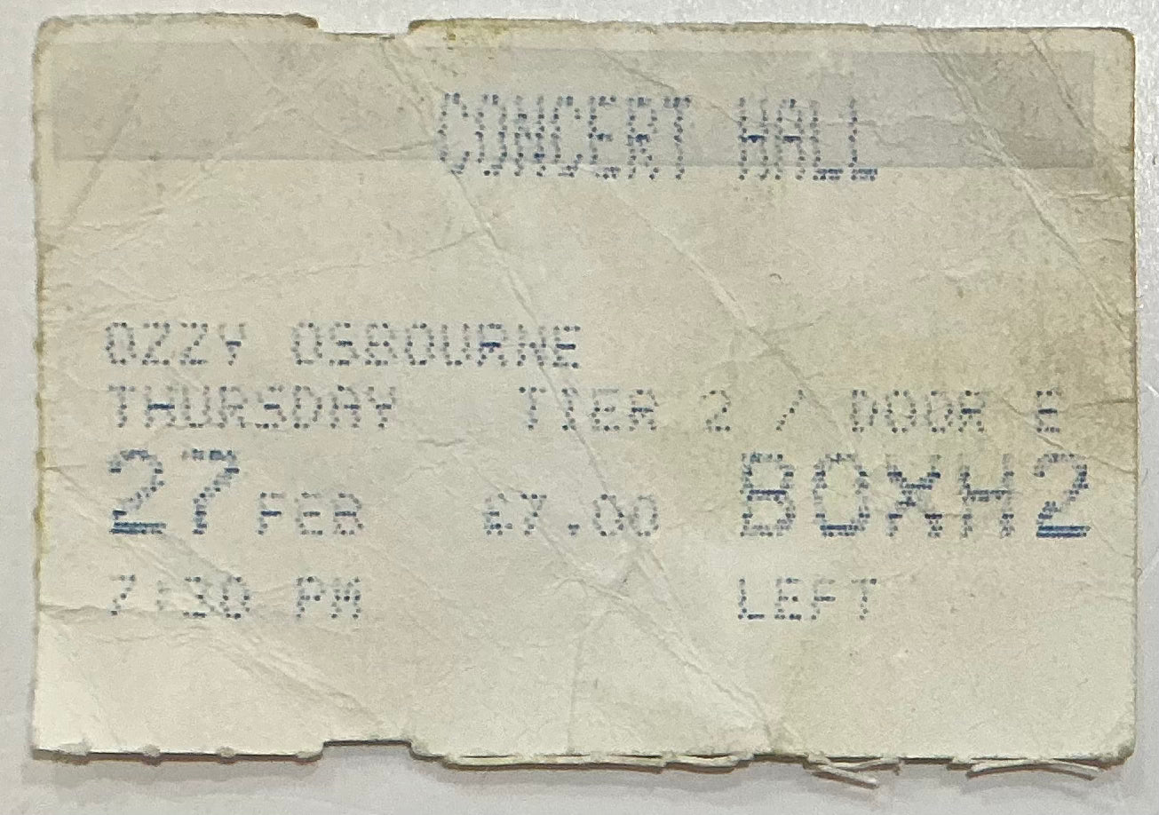 Black Sabbath Ozzy Osbourne Original Used Concert Ticket Royal Court Nottingham 27th Feb 1986