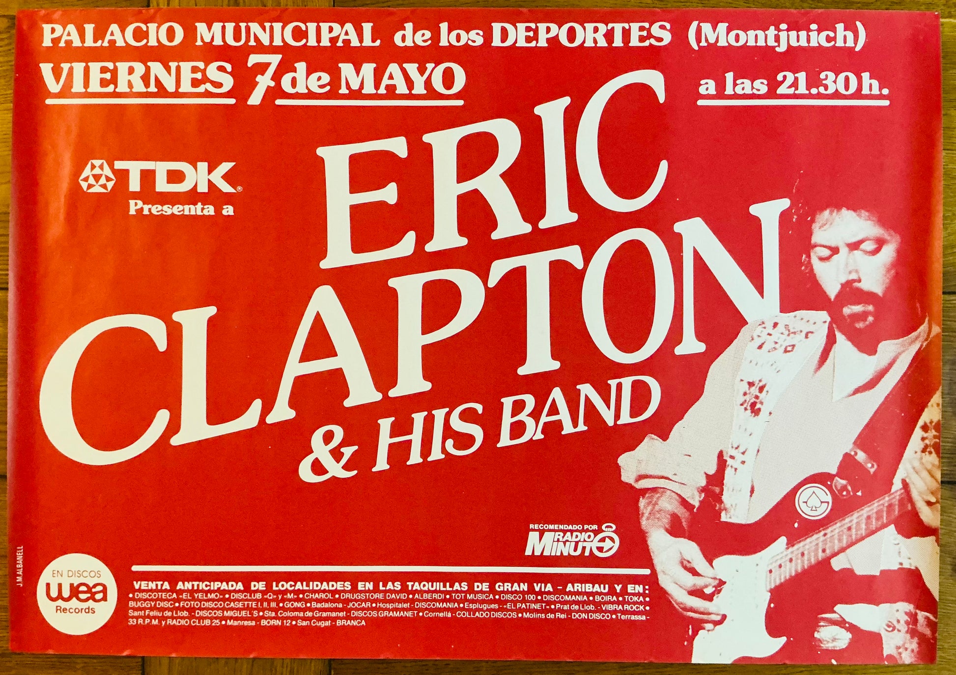 Eric Clapton Original Concert Tour Gig Poster Palacio Municipal de los Deportes, Barcelona 7th May 1983