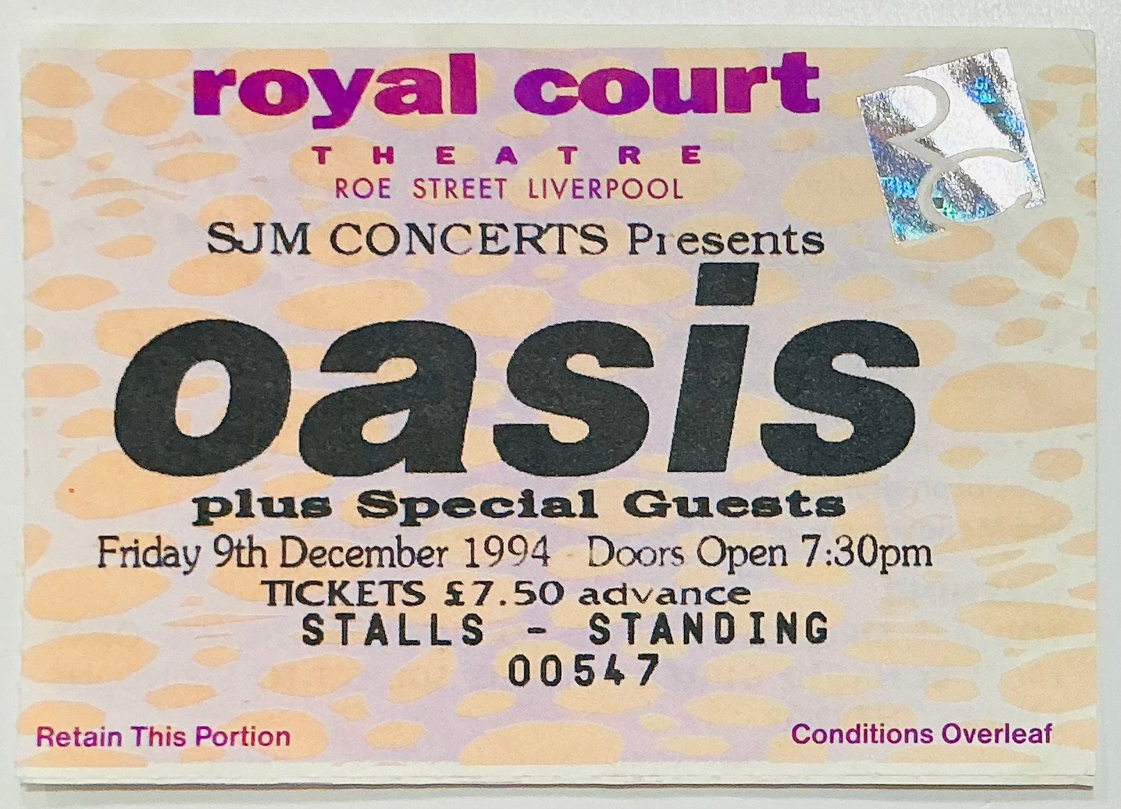 Oasis Original Concert Ticket Royal Court Theatre Liverpool 9th Dec 1994