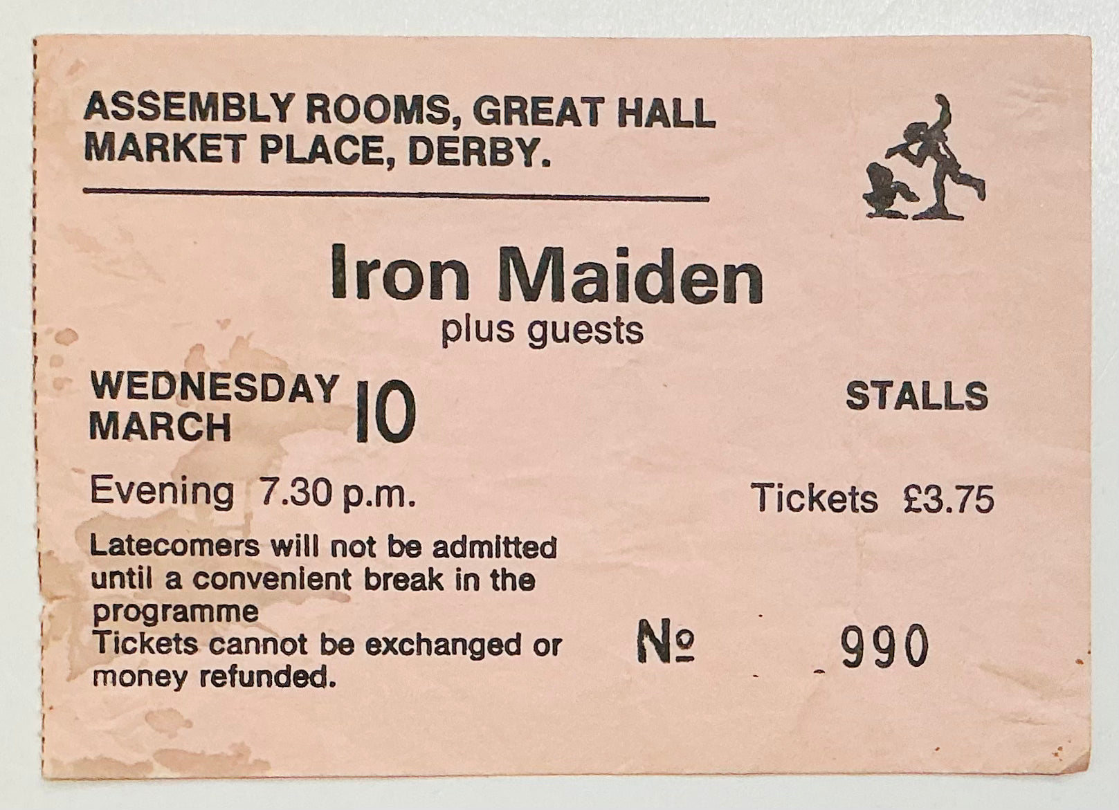 Iron Maiden Original Used Concert Ticket Assembly Rooms Derby 10th Mar 1982